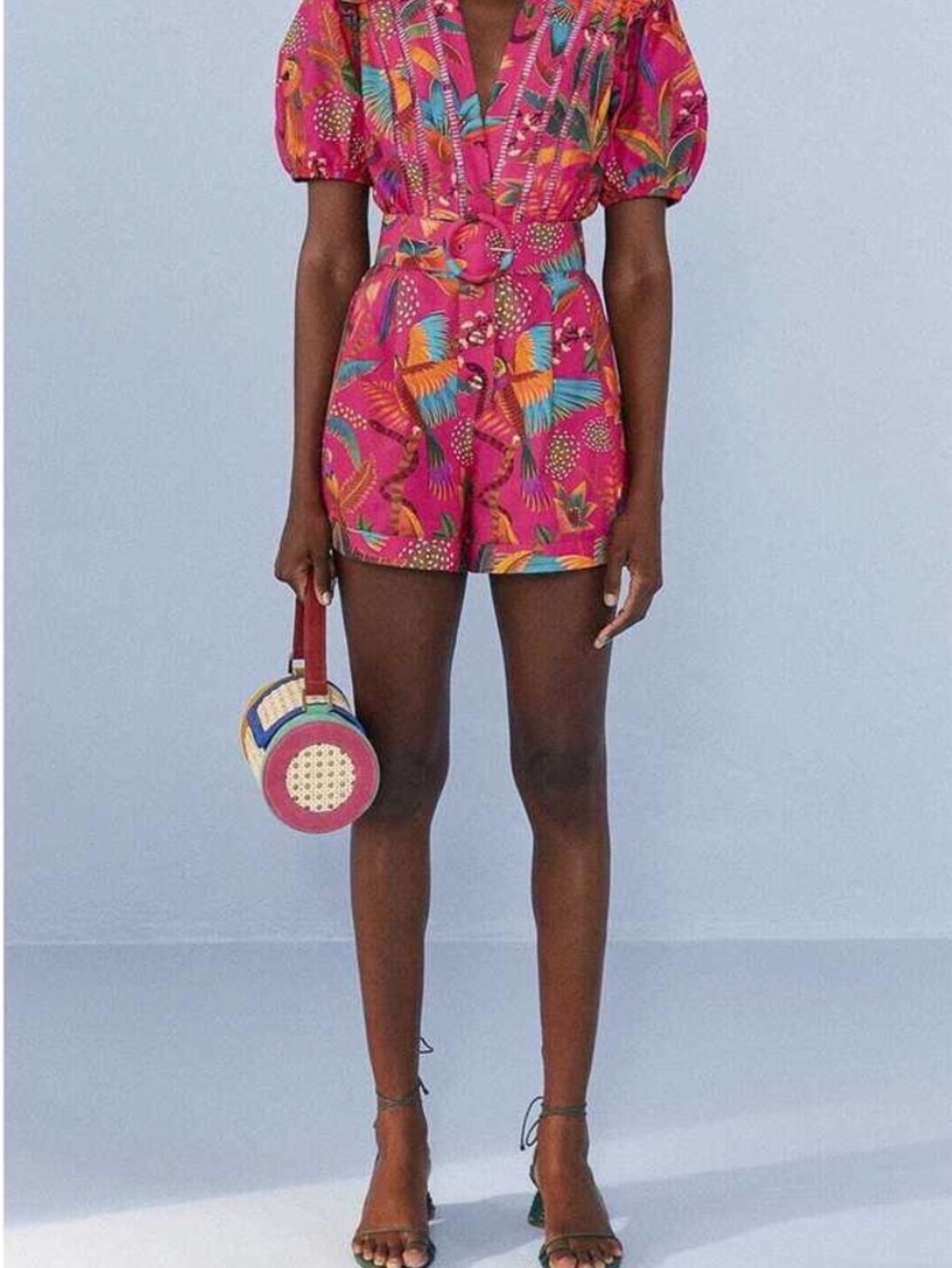 Farm Rio Pink Macaw Party Organic Cotton Romper Size L Excellent Condition